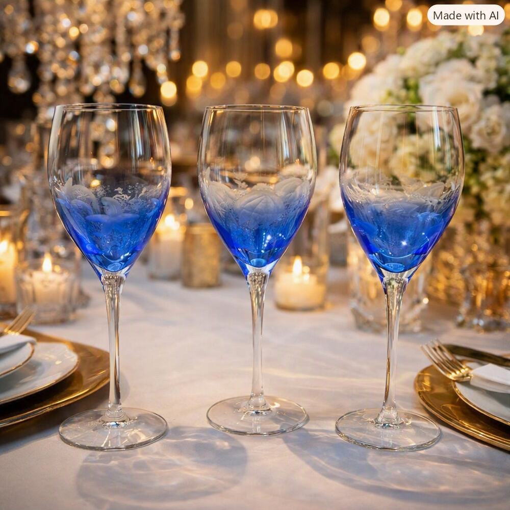 Set of 3 Wine Glasses Cobalt Blue Etched Nautical Theme Starfish Jellyfish 9.25"